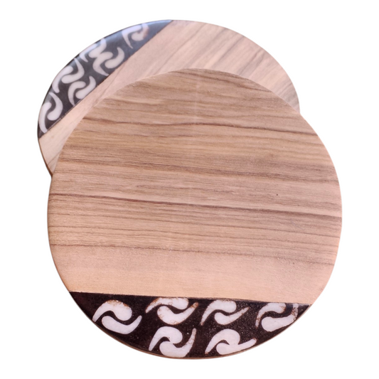 Handcrafted round Kenyan olive wood coasters set of 4 with wave batik bone inlay edge, made in Ukambani Kenya