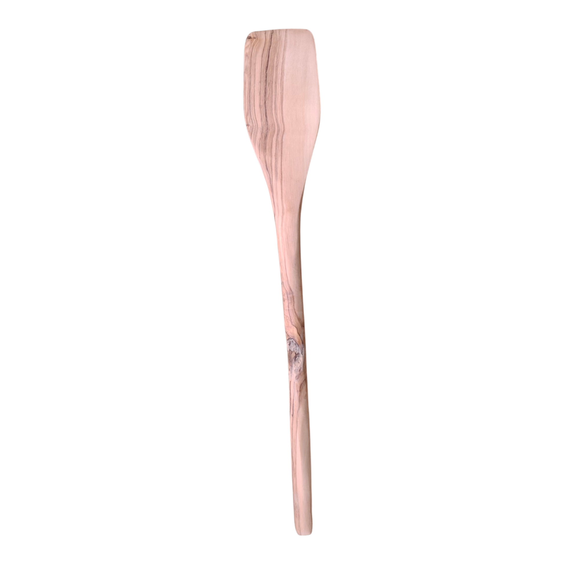 Handcrafted flat Kenyan olive wood cooking spatula with natural grain detail, made in Ukambani Kenya.