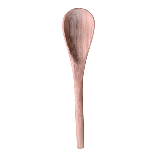 Handcrafted teardrop Kenyan olive wood cooking spoon with natural grain detail, made in Ukambani Kenya.