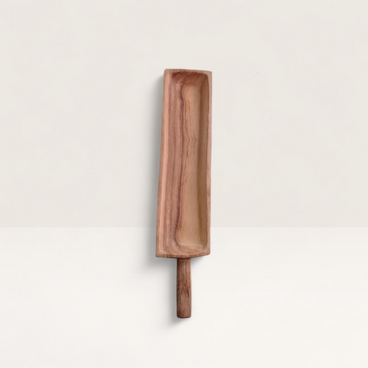 handcrafted rectangular Kenyan olive wood bread plate with end handle and natural timber grain detail, made in Ukambani Kenya.