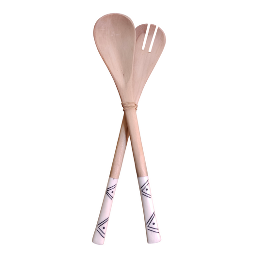 Handcrafted 2-piece Kenyan olive wood salad serving spoons with geometric triangle batik bone handles, made in Ukambani Kenya.