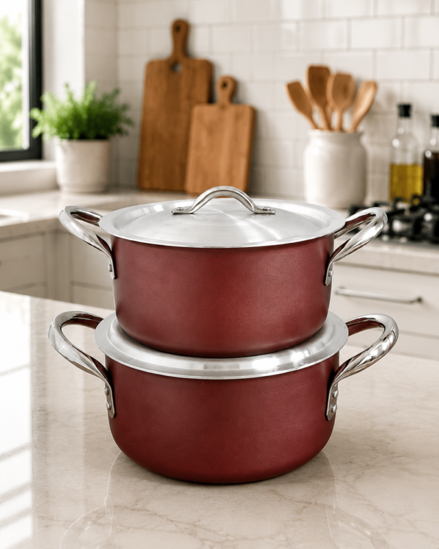 Kaluworks 2-piece maroon non-stick aluminium casserole sufuria set stacked on a light kitchen marble countertop with stainless steel handles