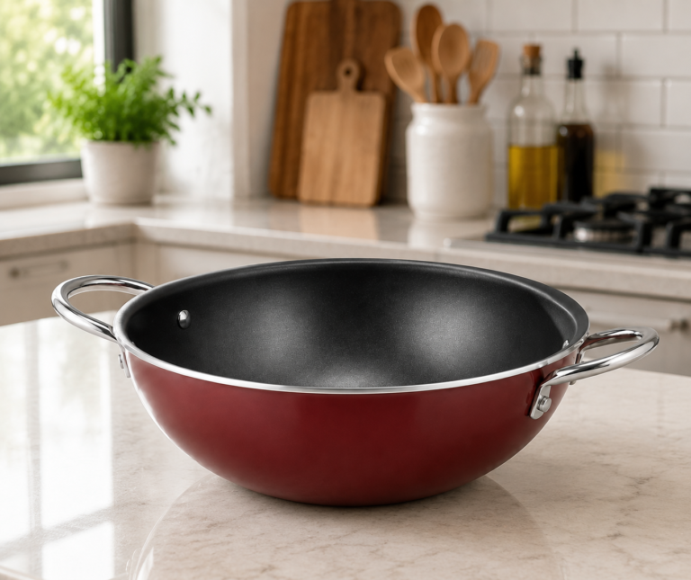 Kaluworks maroon non-stick aluminium deep karai wok with dual stainless steel loop handles resting on a light kitchen countertop