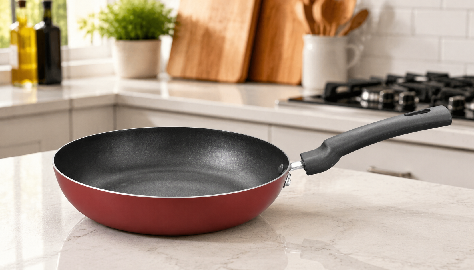 Kaluworks maroon non-stick aluminium frypan with ergonomic black bakelite handle resting on a light kitchen marble countertop