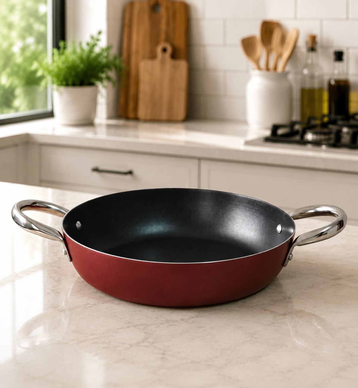 Kaluworks maroon non-stick aluminium paella pan with dual stainless steel loop handles resting on a light kitchen countertop