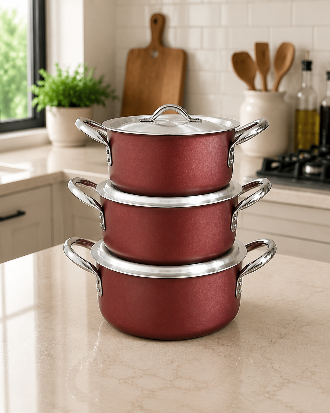 Kaluworks 3-piece non-stick aluminium sufuria set in maroon stacked on a modern kitchen counter made in Kenya
