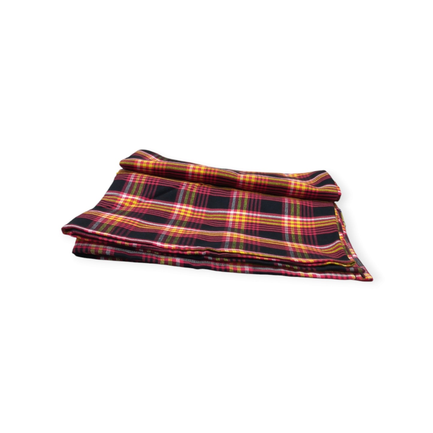 A traditional Kenyan Maasai Shuka showcasing a vibrant blend of red, yellow, pink, and black in a plaid pattern.
