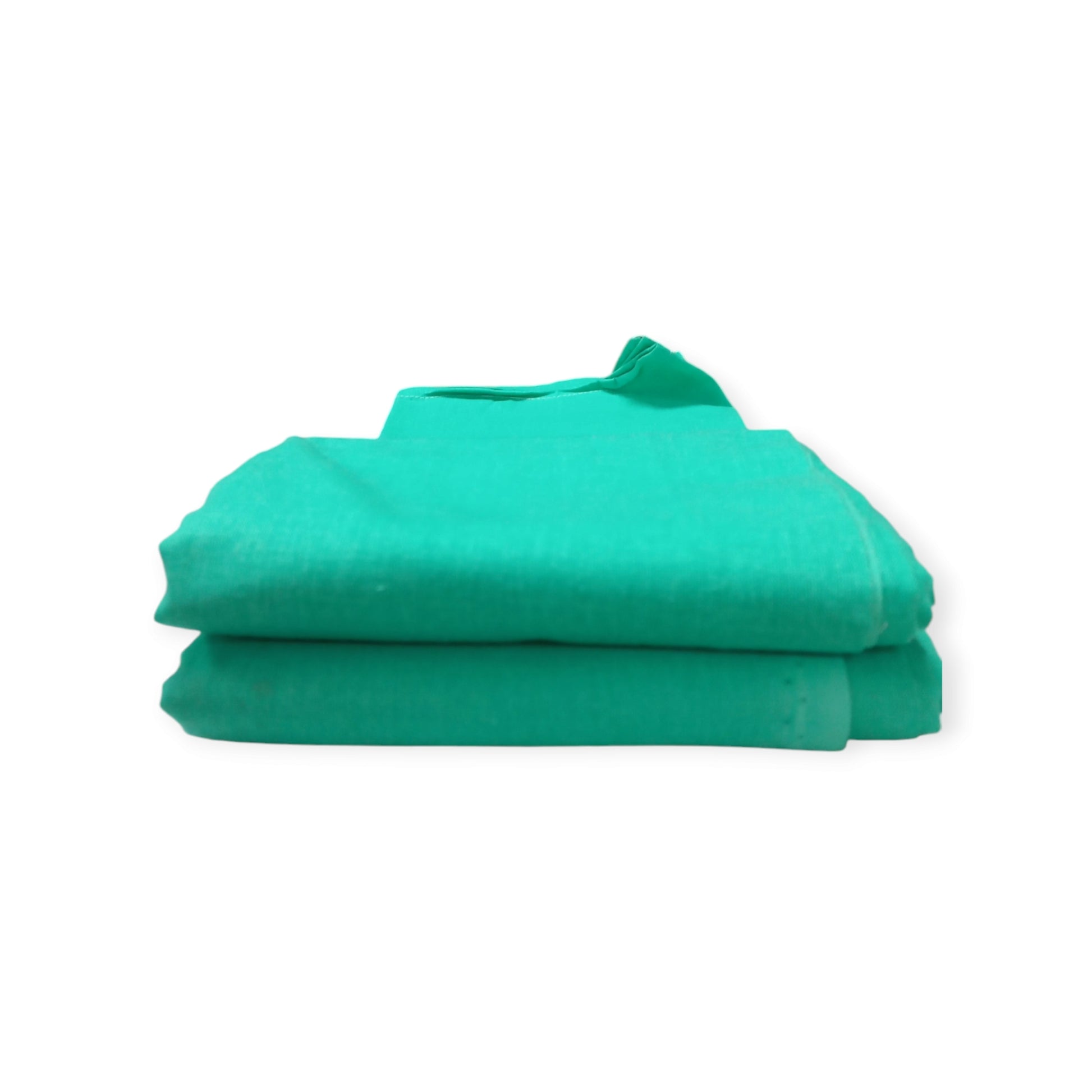 A folded green cotton bed sheet designed for Twin XL beds in school dormitories.
