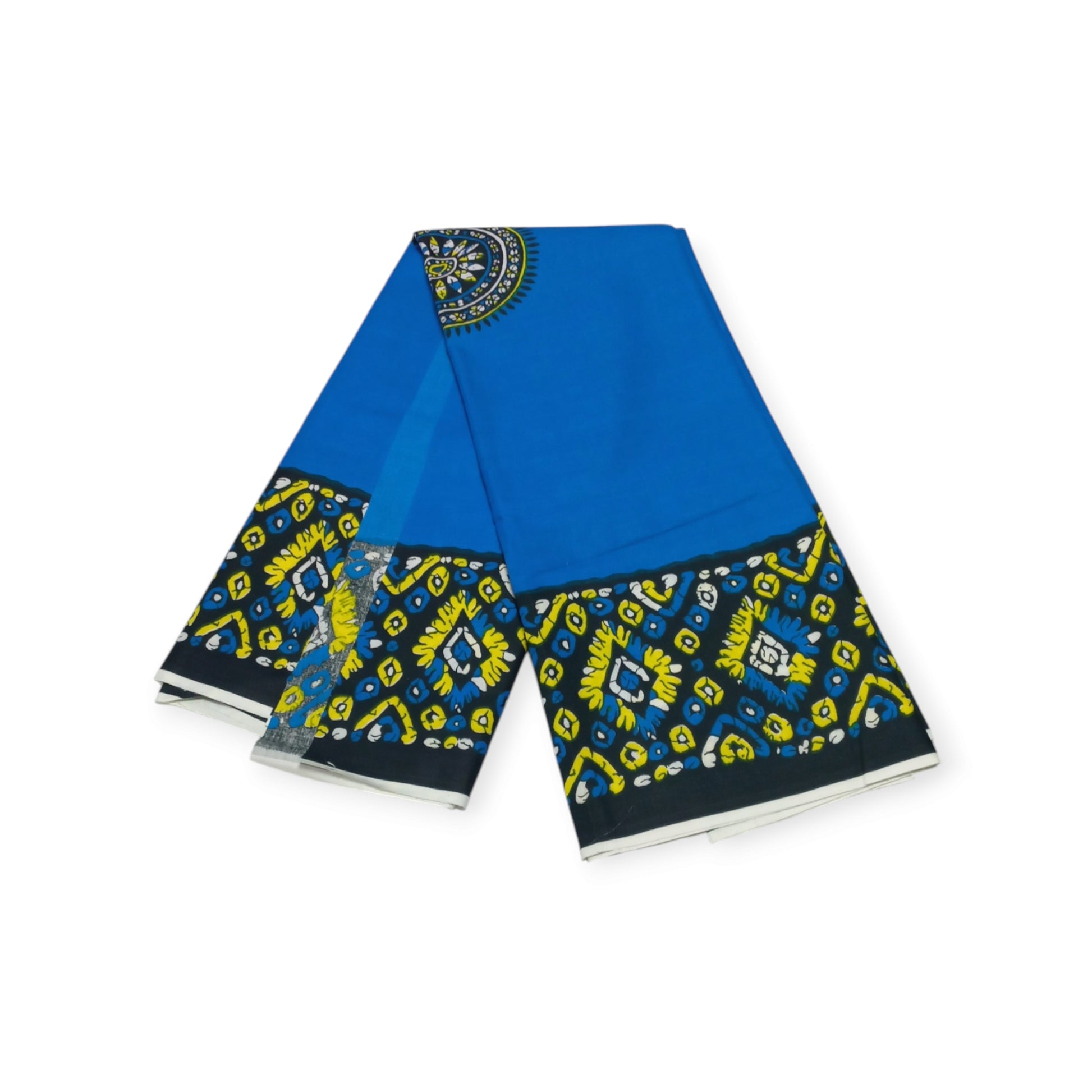 
Two blue cotton lesos made in Kenya, showcasing a beautiful geometric design on a blue background.

