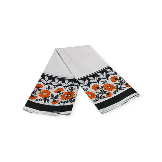 Pair of white cotton lesos from Rivatex, featuring a delicate orange and black floral border.
