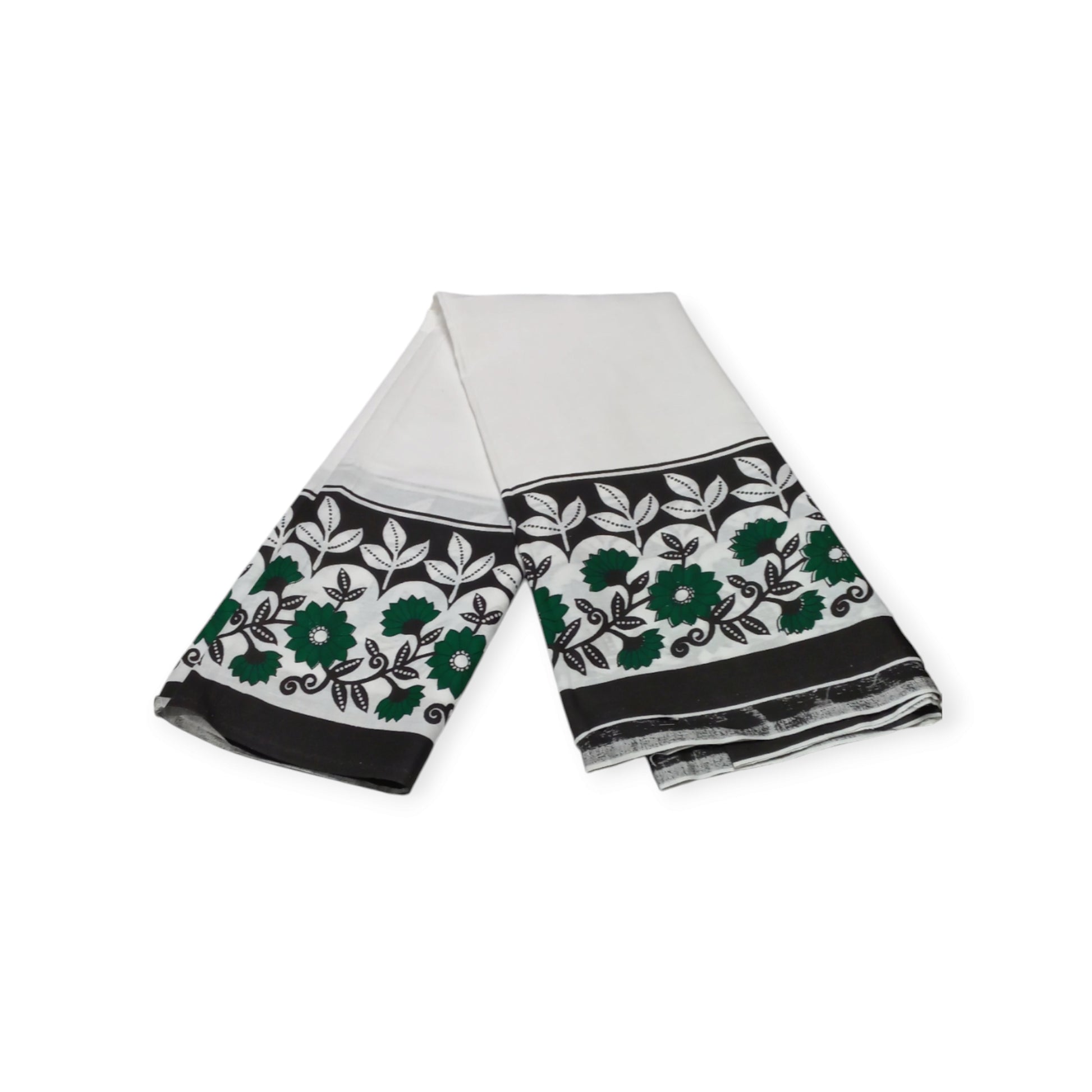 Pair of white cotton lesos from Rivatex, featuring a delicate green and black floral border.
