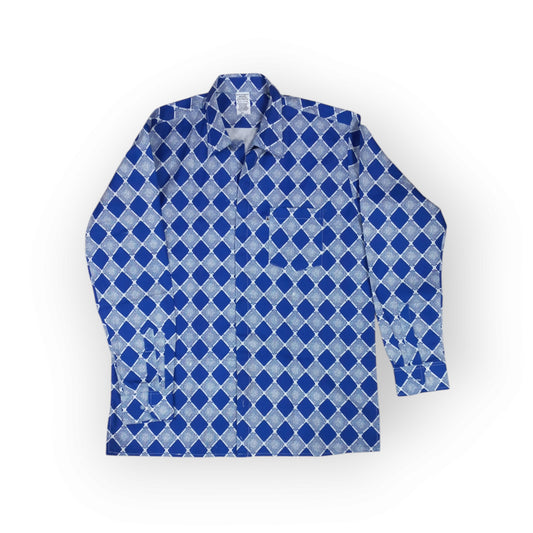 Blue long-sleeve shirt with a diamond print pattern.
