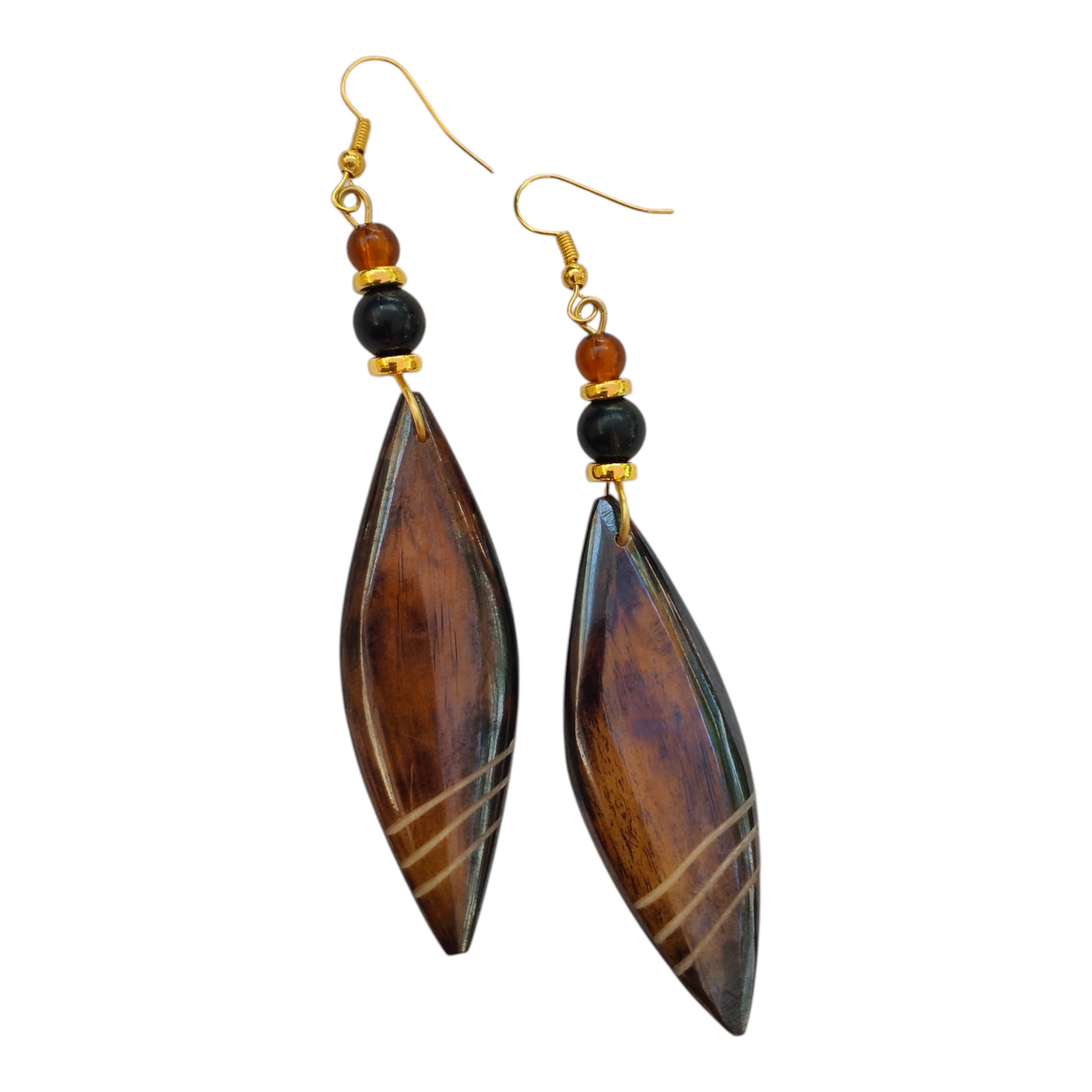 NuaLocal handcrafted dark honey and cognac dyed upcycled bone marquise leaf drop earrings with etched diagonal stripe details and stacked amber-black beads, made in Kibera, Nairobi, Kenya.