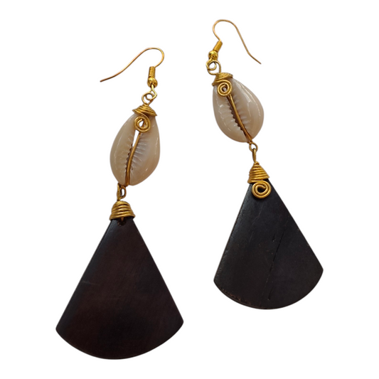 NuaLocal handcrafted dark brown upcycled bone triangular drop earrings with wire-wrapped natural cowrie shells and brass wire coils, made in Kibera, Nairobi, Kenya.