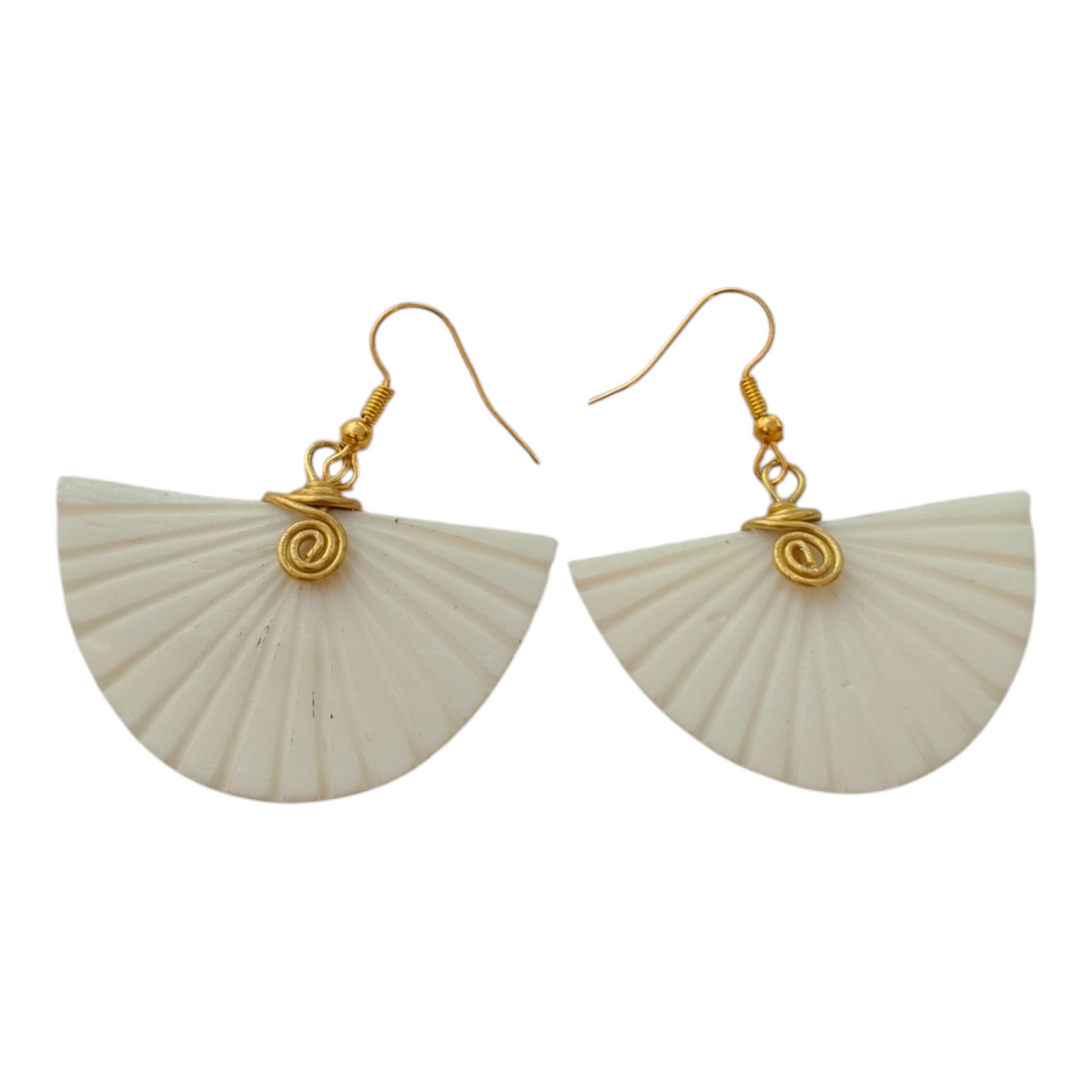 NuaLocal handcrafted off-white upcycled bone pleated half-moon fan drop earrings with hand-coiled brass wire loops, made in Kibera, Nairobi, Kenya.