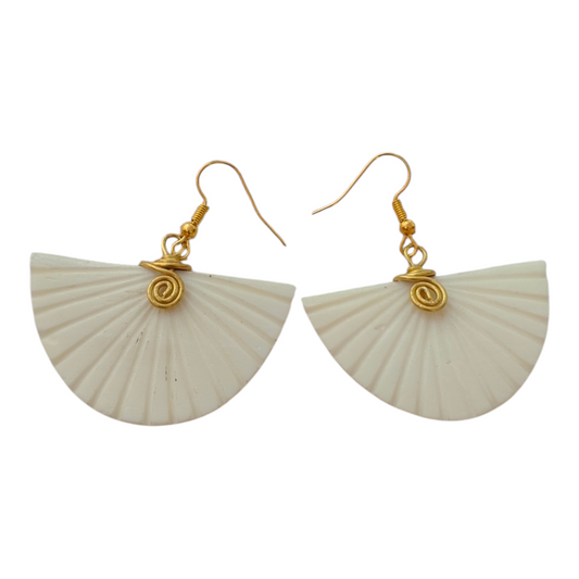 NuaLocal handcrafted off-white upcycled bone pleated half-moon fan drop earrings with hand-coiled brass wire loops, made in Kibera, Nairobi, Kenya.