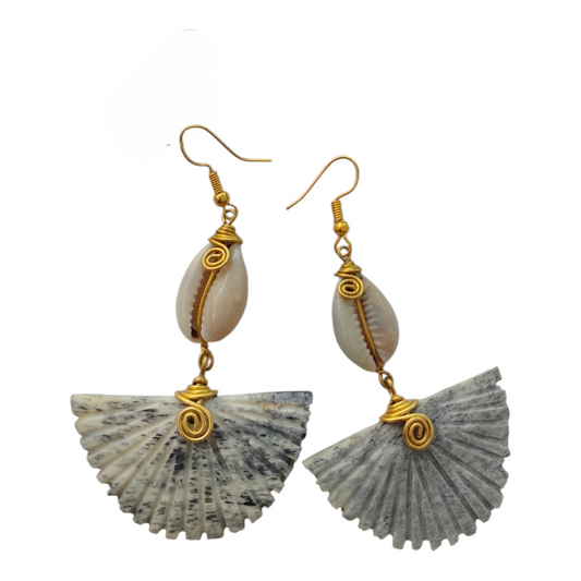 NuaLocal handcrafted grey and off-white speckled batik upcycled bone pleated half-moon fan drop earrings with wire-wrapped brass coils and natural cowrie shells, made in Kibera, Nairobi, Kenya.