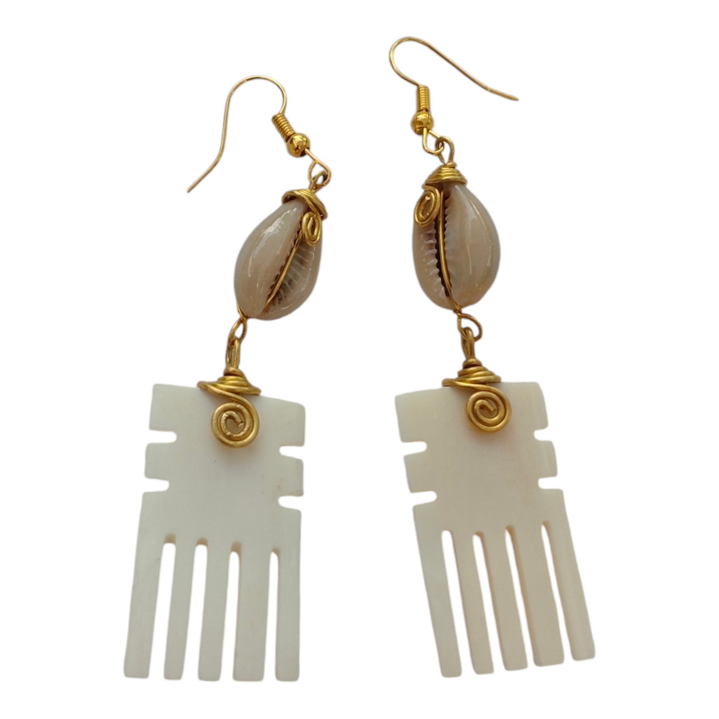 NuaLocal handcrafted natural off-white upcycled bone Afro pick comb drop earrings with geometric side notches, wire-wrapped brass coils, and natural cowrie shells, made in Kibera, Nairobi, Kenya.