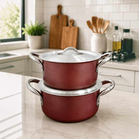 Nualocal Kaluworks 2-piece maroon non-stick aluminium casserole sufuria set with stainless steel handles and lids.