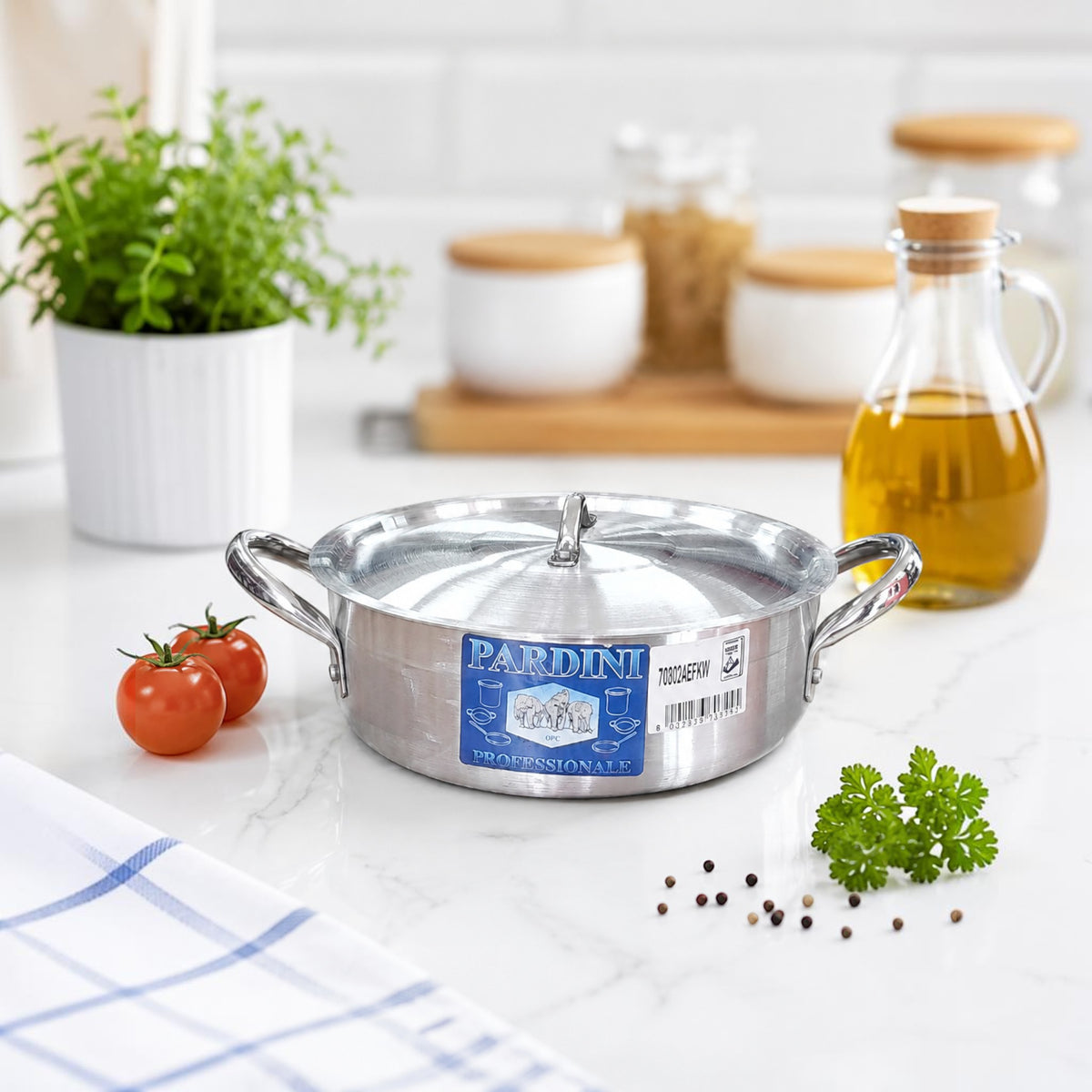 Nualocal Kaluworks Pardini 703 series shallow aluminium casserole pot with lid and stainless steel loop handles