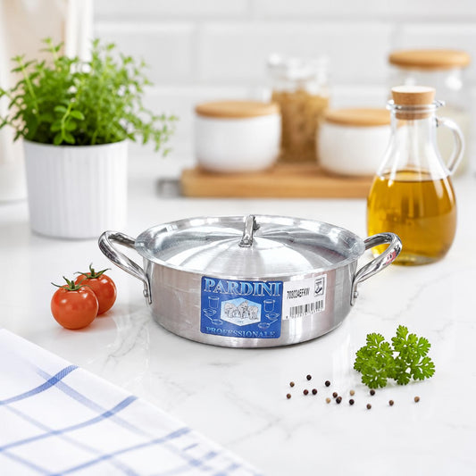 Nualocal Kaluworks Pardini 703 series shallow aluminium casserole pot with lid and stainless steel loop handles