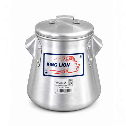 Nualocal King Lion 4.5L polished aluminium conical cooking pot with lid and riveted handles for efficient heat control.