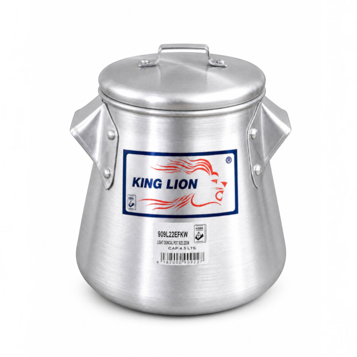 Nualocal King Lion polished aluminium conical cooking pot with lid and riveted handles for efficient heat distribution.