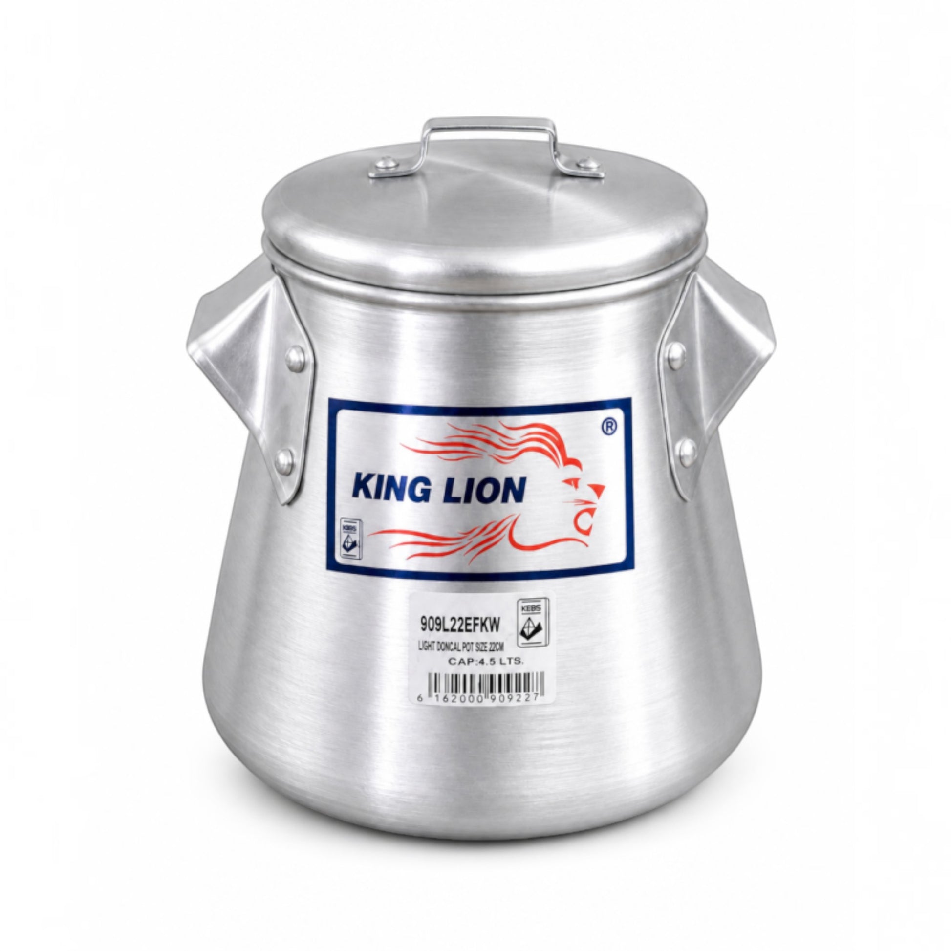 Nualocal King Lion polished aluminium conical cooking pot with lid and riveted handles for efficient heat distribution.