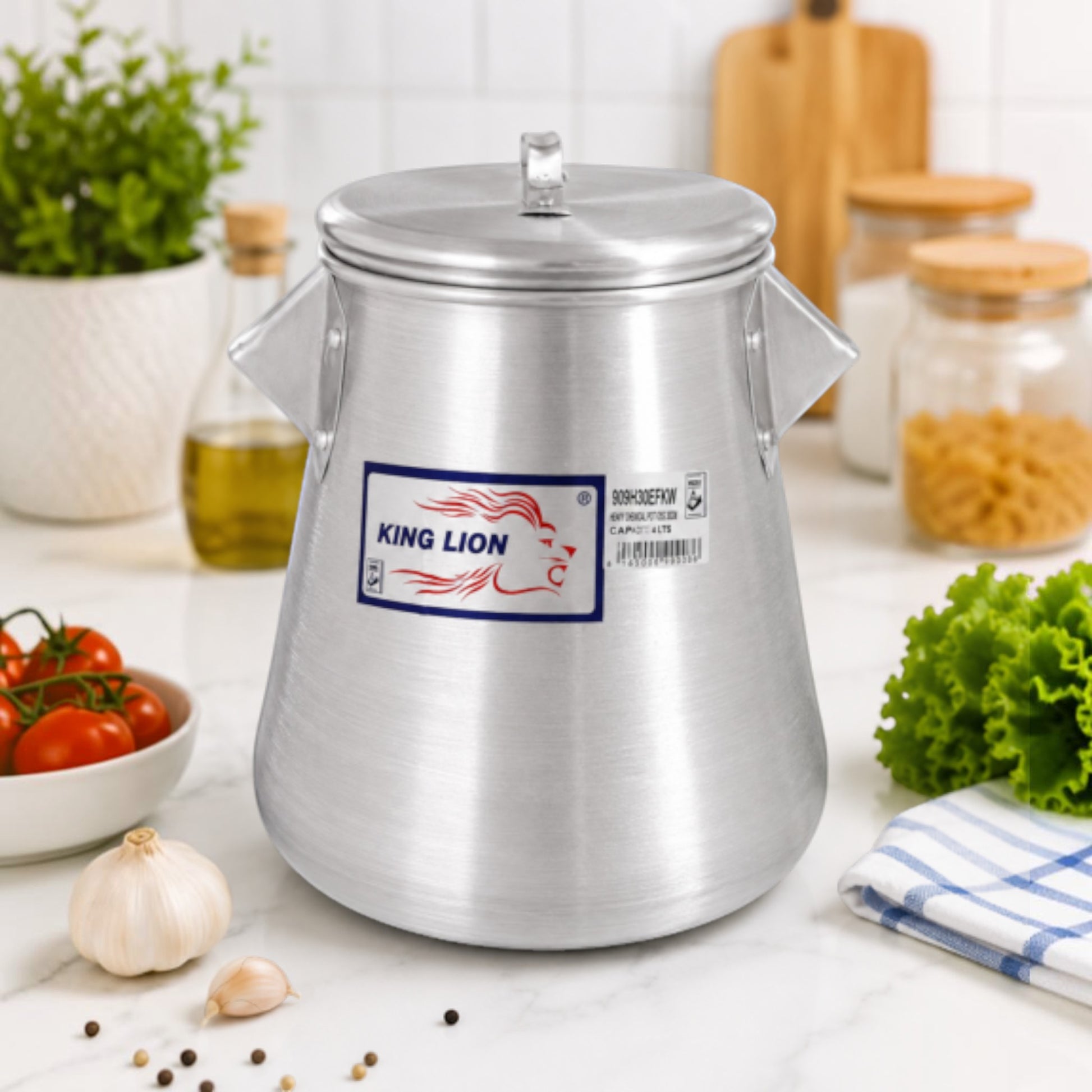 Nualocal King Lion 14L heavy-duty polished aluminium conical cooking pot with lid and riveted handles on kitchen counter