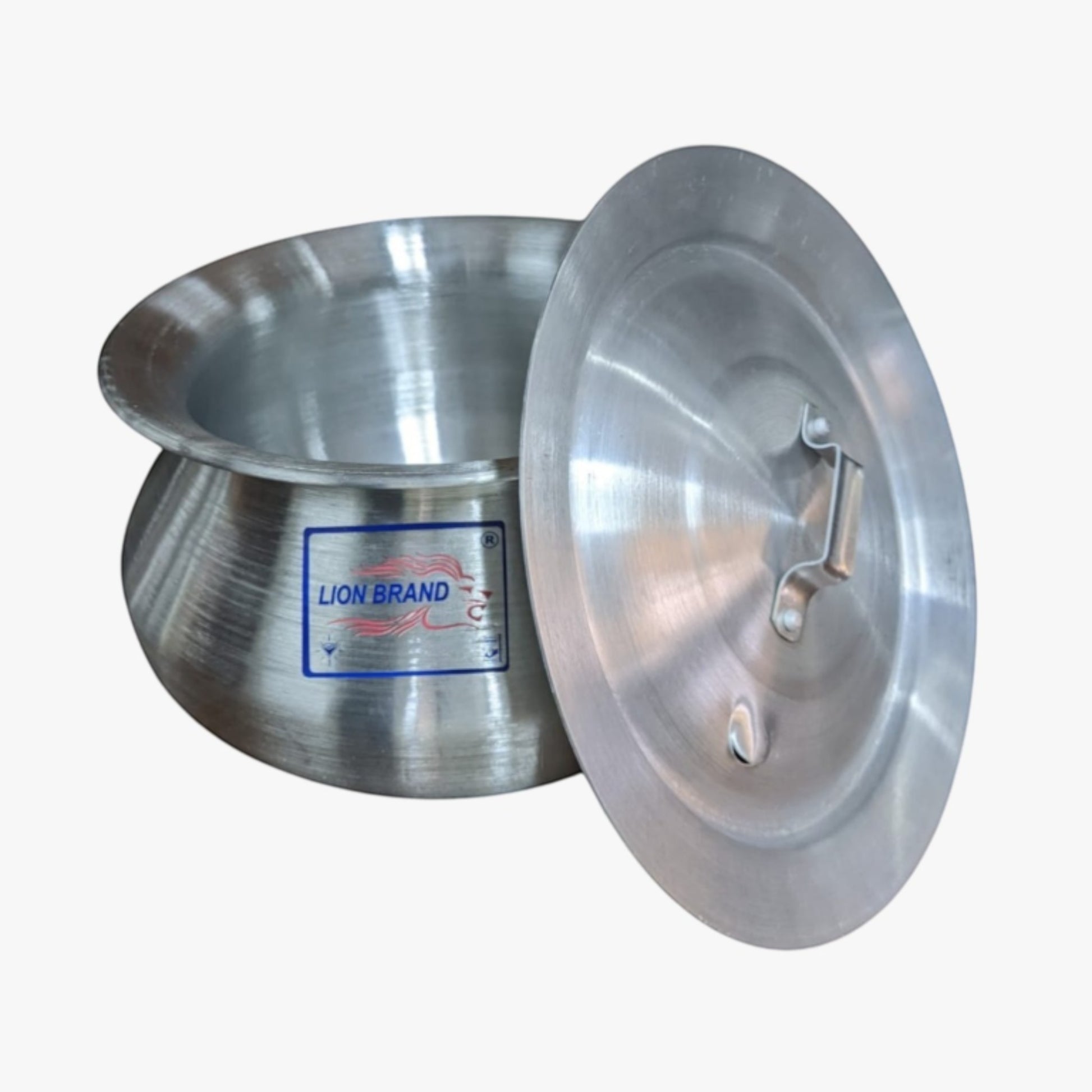 Nualocal Lion Brand 5-litre polished aluminium biryani cooking pot with matching lid and wide-rimmed handi design.