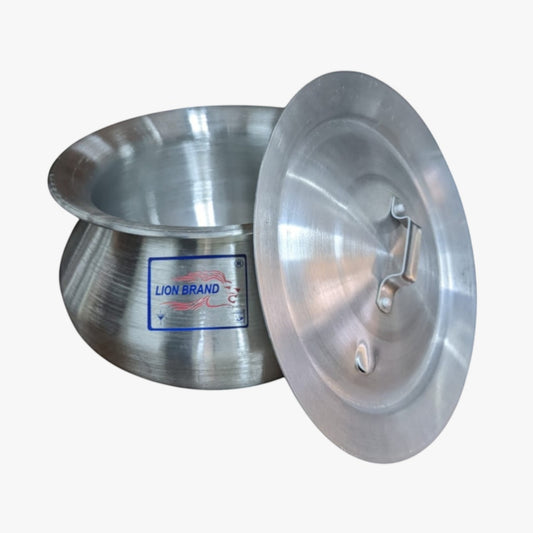 Nualocal Lion Brand 5-litre polished aluminium biryani cooking pot with matching lid and wide-rimmed handi design.