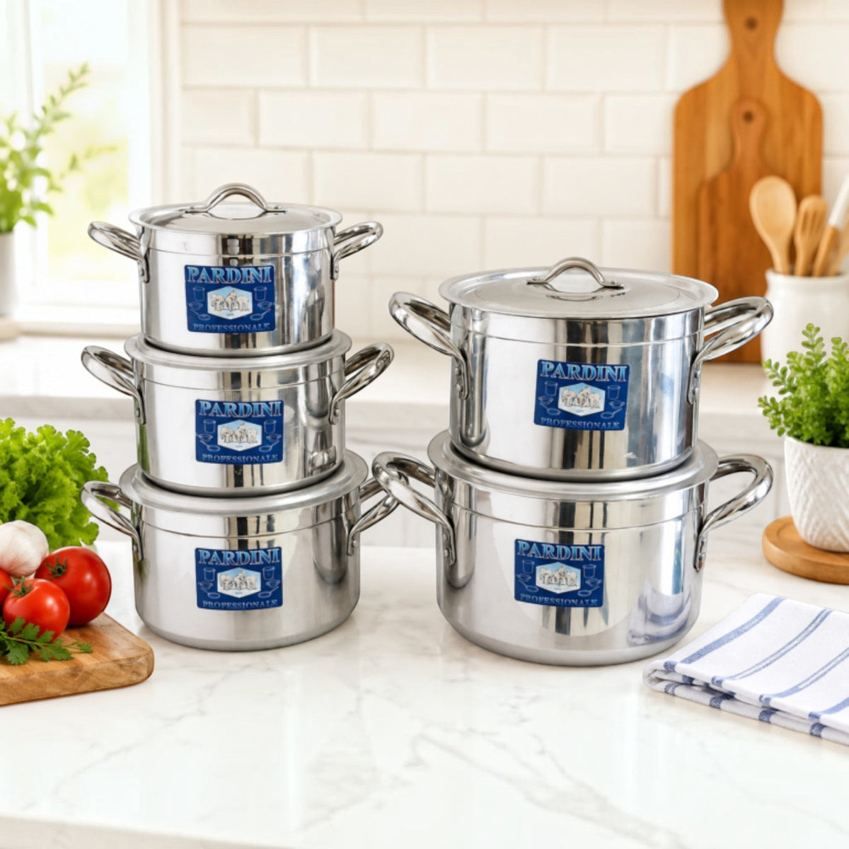 Nualocal Pardini 705 Series polished aluminium deep casserole sufuria set with ergonomic stainless steel handles