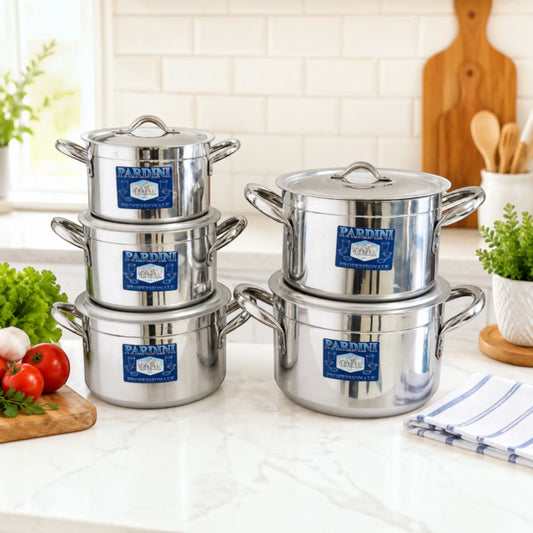 Nualocal Pardini 705 Series polished aluminium deep casserole sufuria set with ergonomic stainless steel handles