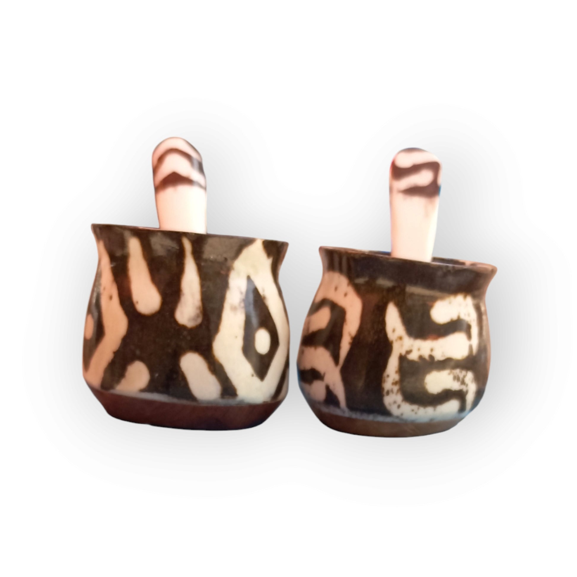 Handcrafted Kenyan Pishii Camel Bone Spice Pots with Abstract Pattern and Scoops