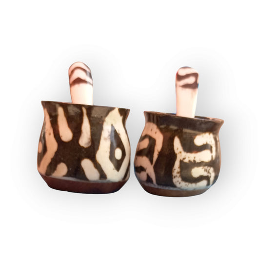 Handcrafted Kenyan Pishii Camel Bone Spice Pots with Abstract Pattern and Scoops