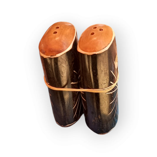Kenyan handcrafted dark camel bone salt and pepper shakers set with etched designs and wooden caps