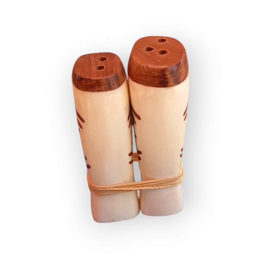 Kenyan handcrafted cow bone salt and pepper shakers set with minimalist branch design
