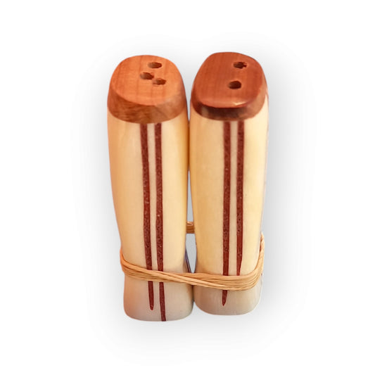 Kenyan handcrafted cow bone salt and pepper shakers set with elegant vertical stripe design