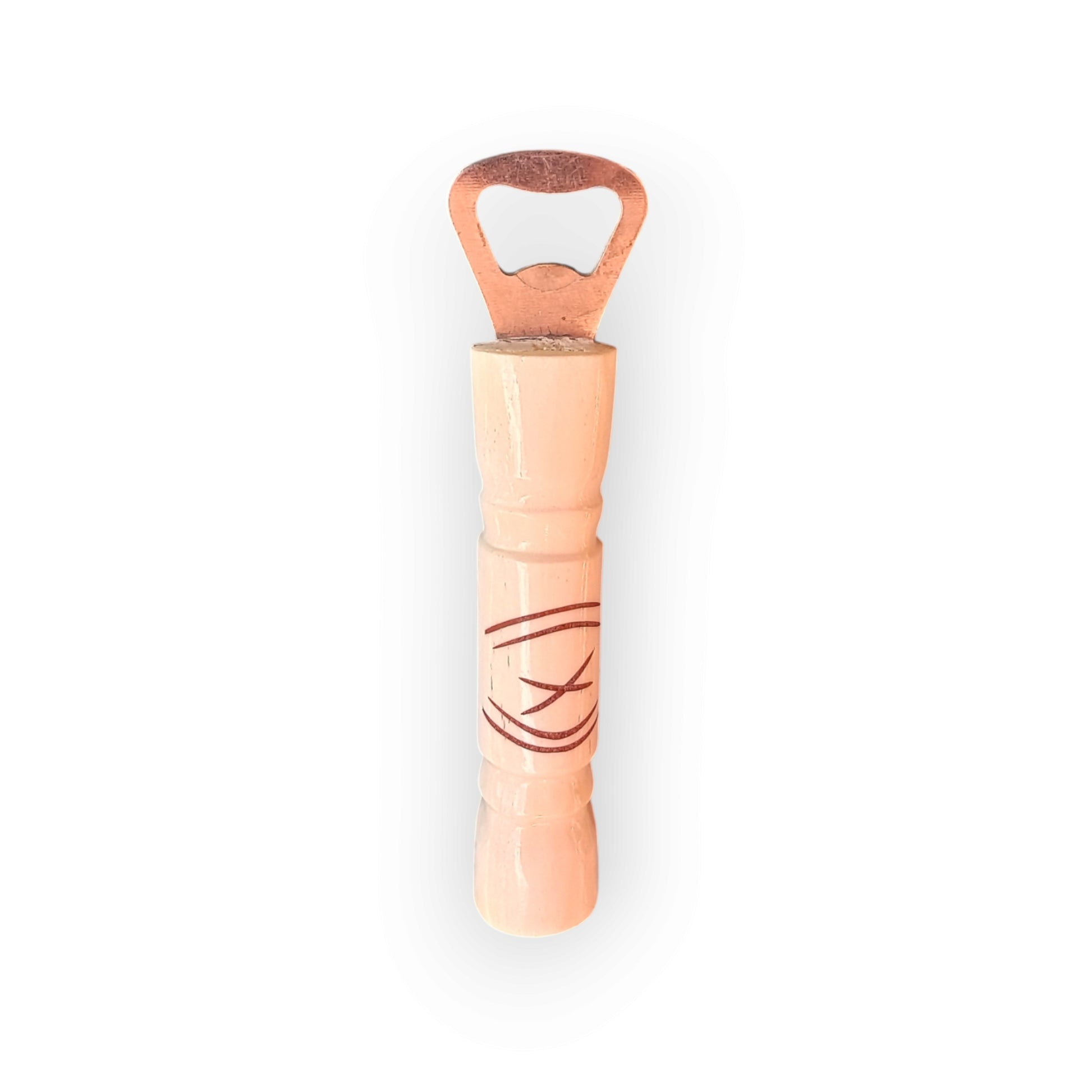 Kenyan handcrafted cow bone bottle opener with etched design and metal head.