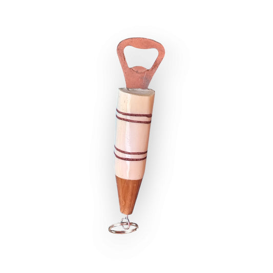 Kenyan handcrafted bone and wood bottle opener keychain with striped design
