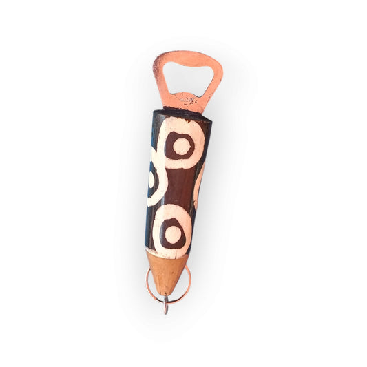Kenyan handcrafted bone bottle opener keychain with unique abstract eye design