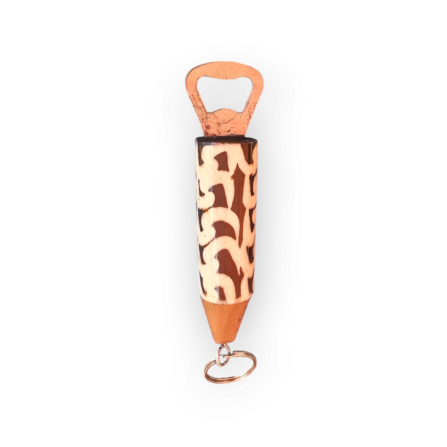 Kenyan handcrafted bone and wood bottle opener keychain with unique organic design.