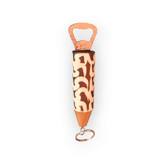 Kenyan handcrafted bone and wood bottle opener keychain with unique organic design.