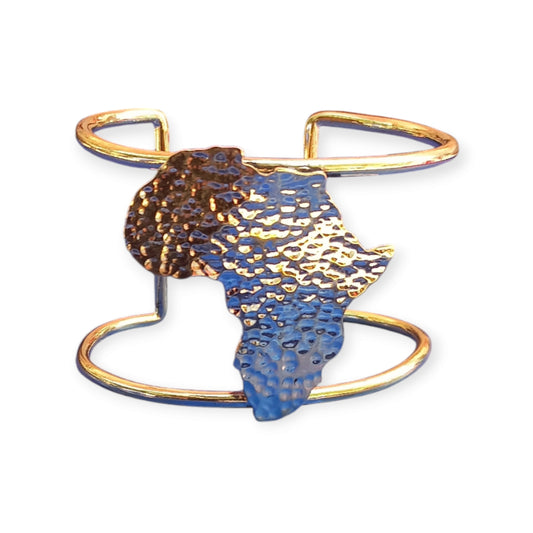 Unique Kenyan brass cuff bracelet with a symbolic African map design, celebrating heritage and artistry.