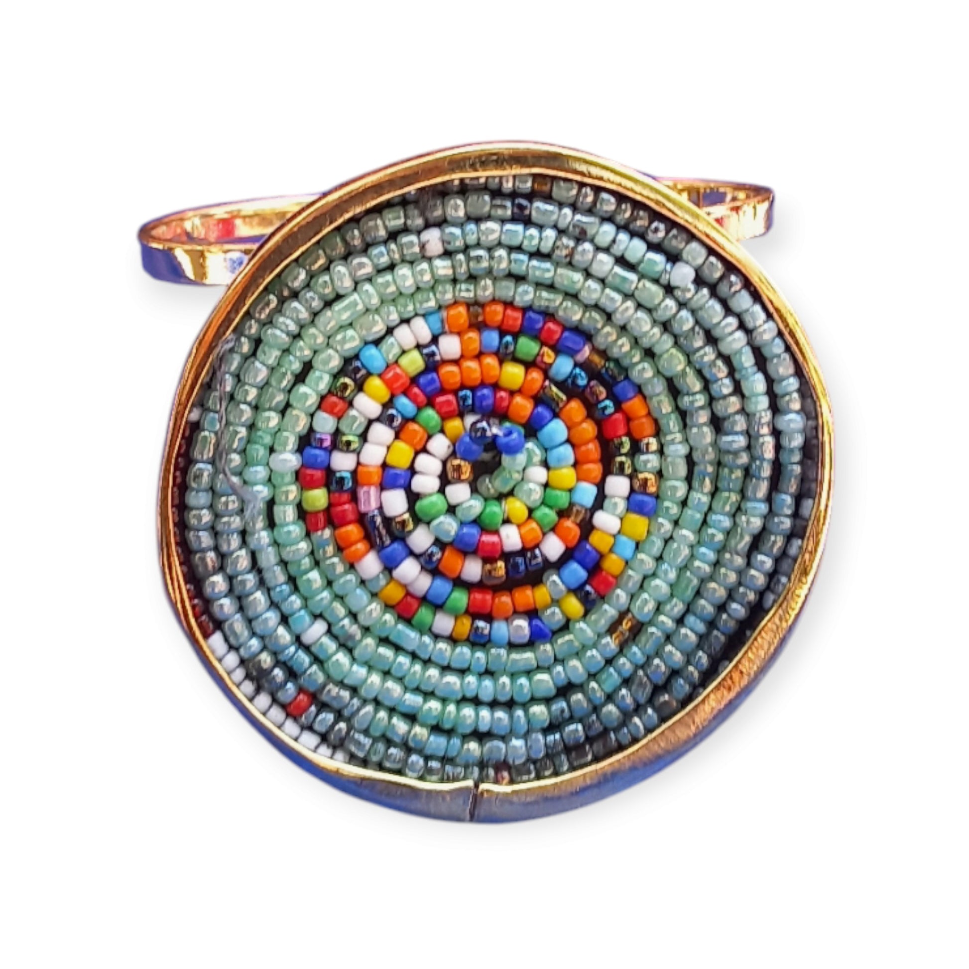 Adjustable open cuff bracelet made of polished brass from Kenya, showcasing a colorful, hand-beaded design
