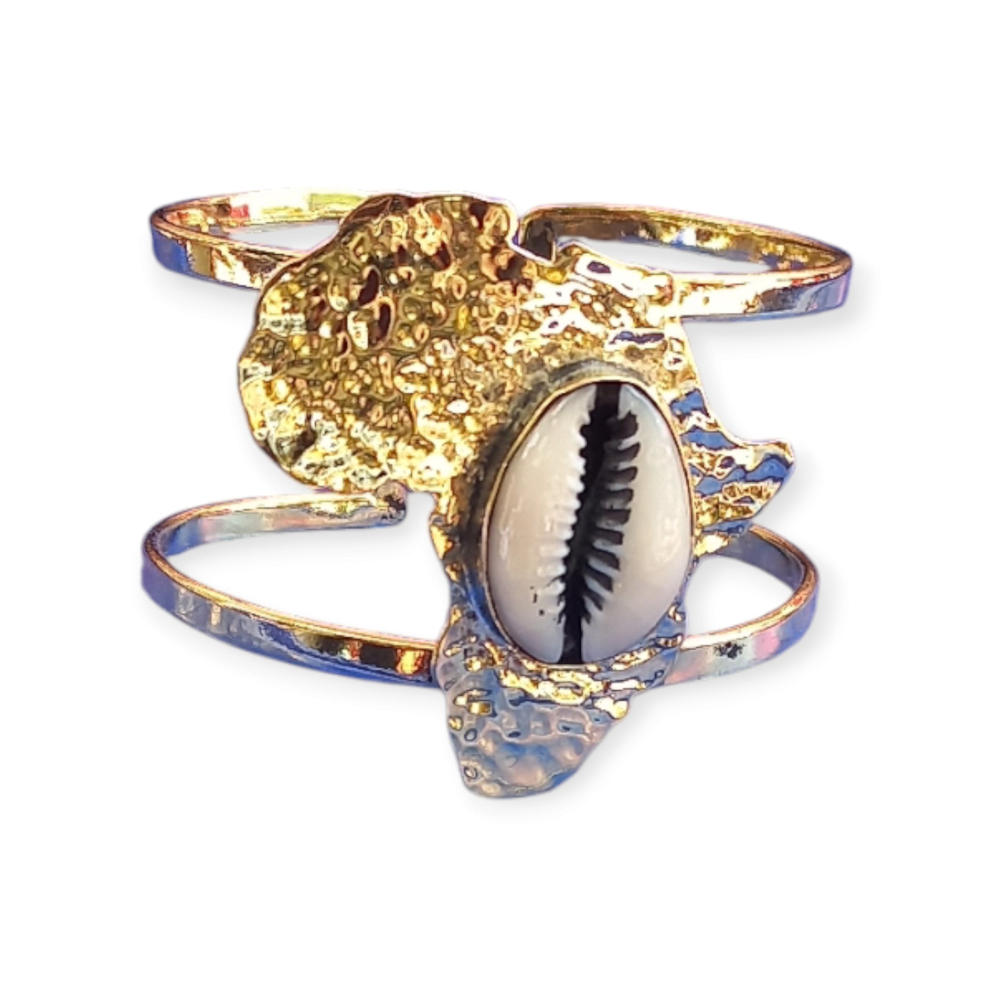 Handcrafted Kenyan brass cuff bracelet featuring a detailed silhouette of the African continent and a genuine cowrie shell.