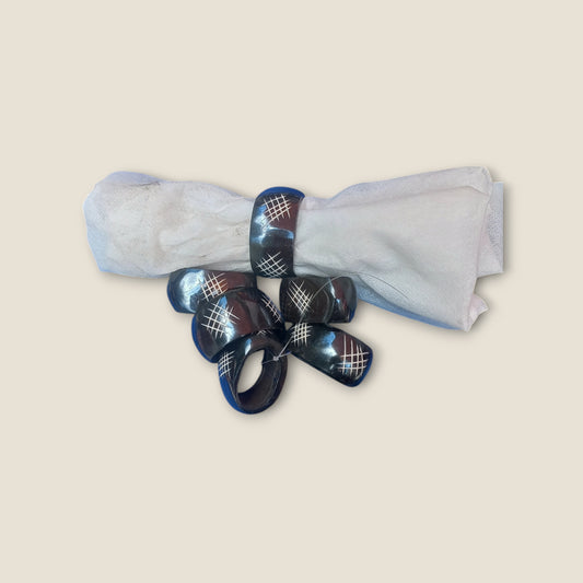 Kenyan handcrafted bone napkin rings set of 6 with unique cross-hatch pattern."