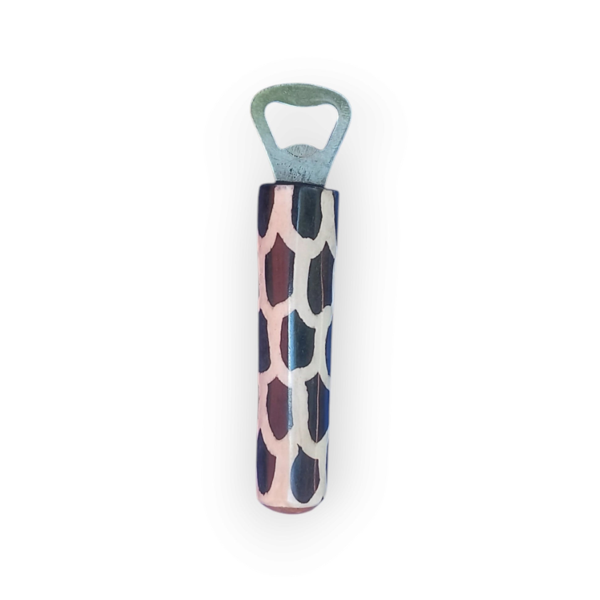 Kenyan handcrafted bone bottle opener with unique giraffe print design.