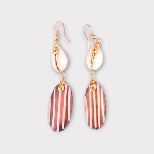 Kenyan handcrafted bone and cowrie shell earrings with striped design