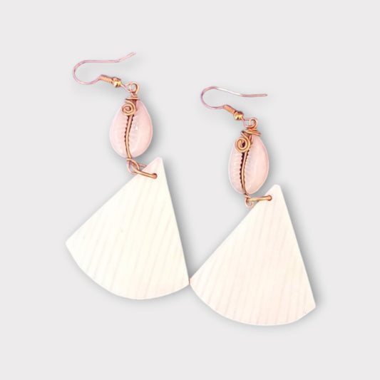 Kenyan handcrafted bone and cowrie shell earrings with geometric triangle design